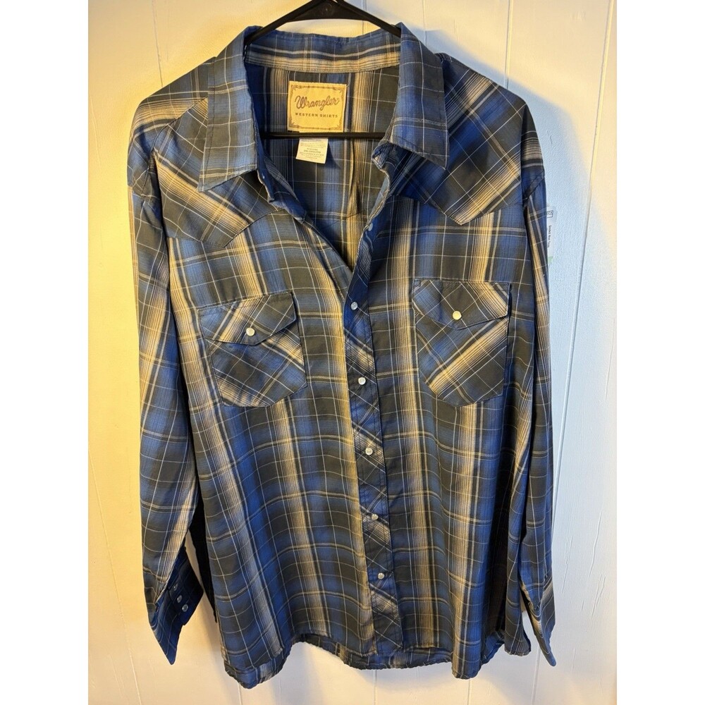 Wrangler Western Shirt Men’s Size 2XL Blue Black Plaid Pearl Snap Long Sleeve